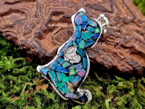 LeoLars-PABE Multicolor Lightning Ridge Opalsplitter Hunde Design Anhänger aus 925er Silber, Opale in Kunststoff eingegossen, Hunde Welpe, Herz, Hundeliebhaber, Unikat, Handarbeit, Unisex