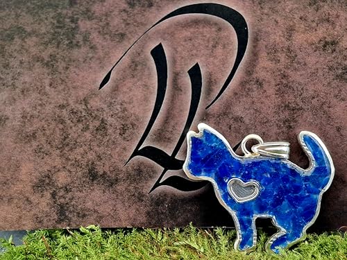 LeoLars-PABE Hauyn Design Katzen Anhänger aus 925er Silber, Steine in Kunststoff eingegossen, tolles blau, unter UV-Licht orange leuchtend, Katze, Katzenliebhaber, Unikat, Handarbeit, Unisex