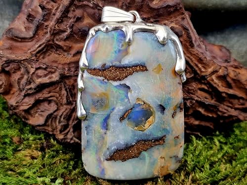 LeoLars-PABE Boulder Opal Anhänger im Tropfen Design aus 925er Silber, Picture Stone, tolles Muster, partielles mehrfarbiges Opalfeuer, Unikat, Handarbeit, Unisex