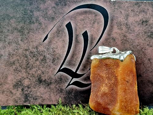 LeoLars-PABE Natürlicher Nordsee Bernstein Design Anhänger aus 925er Silber, Stein unbearbeitet, Opak, gelb-orange-braun, 37,5mm x 26mm, Unikat, Unisex, Handarbeit