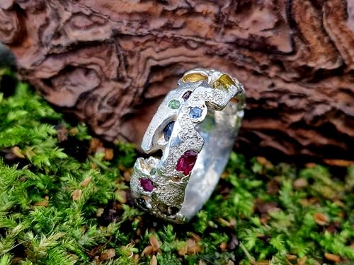 LeoLars-PABE Sandguss Chaos Design Ring, Gr.55 (17,5), aus 925er Silber mit echten eingegossenen Edelsteinen, Sandguss typische Oberflächen Struktur, Nr. 157, Unikat, Handarbeit