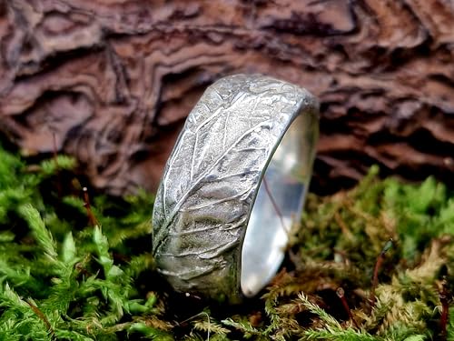 LeoLars-PABE Design Kräuterblatt Ring 420 aus 925er Silber, Nr.004, Oberfläche aus echten Kräutern hergestellt, teils glänzend, teils mattiert, Unisex, Gr. 55-56 (18,7), Unikat, Handarbeit