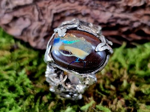 LeoLars-PABE Spannender Boulder Opal Design Ring, Gr. 57-58, (18,4) aus 925er Silber teilgeschwärzt, tolles Ring Design, grünes Opalfeuer aus Adern, Unikat, Handarbeit