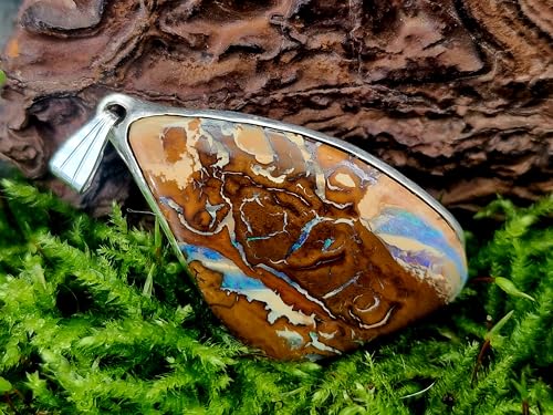 LeoLars-PABE Boulder Opal Anhänger aus 925er Silber mit tollem Muster und partiellem grün-blauem Opalfeuer, Unikat, Handarbeit, Unisex