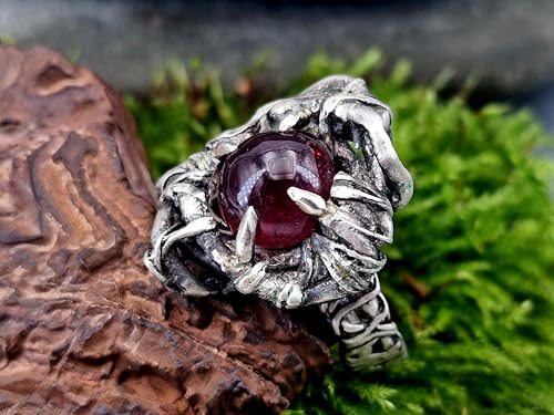 LeoLars-PABE Magischer Granat Design Ring, Gr. 62 (19,7), aus teilgeschwärztem 925er Silber, organisch, verschnörkelt, wild, Krallenfassung, Unikat, Handarbeit, Unisex