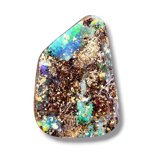 Großer dicker Boulder Opal Anhänger gebohrt mit 60cm Lederband, Opal - grün-blaues Opalfeuer, partiell Multicolor, brilliante Farben, 33 x 22,7 x 10,2mm, Unikat, Handgeschliffen