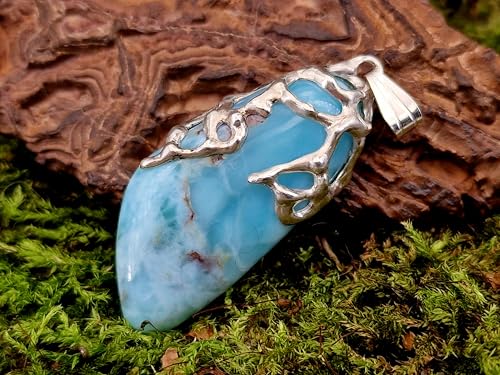 LeoLars-PABE Larimar Design Anhänger aus 925er Silber, organische Gitter Struktur, herrliches Karibik blau, Unikat, Design, Unisex, Handarbeit