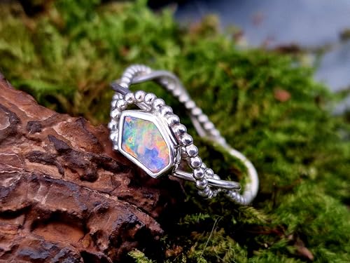 LeoLars-PABE Multicolor Lightning Ridge Opal Design Ring, Gr. 62 (19,7), aus 925er Silber, Perldrahtdesign, Opal in Zargenfassung, Unikat, Handarbeit