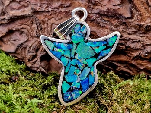 LeoLars-PABE Knallbunter Design Engel Anhänger aus 925er Silber mit Lightning Ridge Opal Splittern, tolles Multicolor Opalfeuer, in Lichtgehärtetem Kunststoff, Unikat, Handarbeit, Unisex