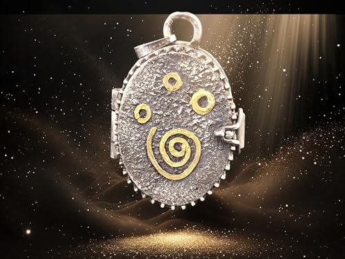 LeoLars-PABE Magisches Medaillon Anhänger Spirale des Lebens unter Sternen aus 925er Silber und Feingold Elementen, verspielt, mystisch, teilgeschwärzt, Unikat, Unisex, Handarbeit