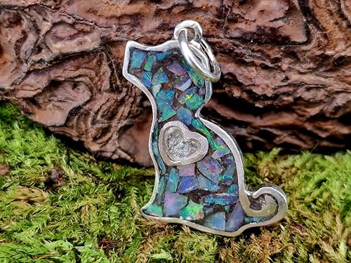 Lightning Ridge Opalsplitter Hunde Anhänger aus 925er Silber, Multicolor Opalfeuer, Opale in Kunststoff eingegossen, Hund, Welpe, Herz, Hunde und Opalliebhaber, Unikat, Unisex, Handarbeit