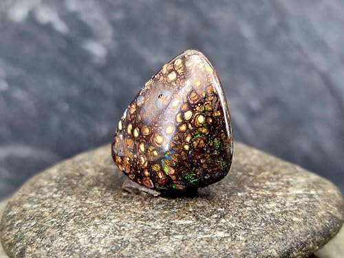 Boulder Opal Anhänger, gebohrt mit 60cm Lederband, Opal mit Kringel Muster und in den Adern herrliches Feuer in verschiedenen Farben, Größe 21mm x 19mm x 8,3mm, Unikat, Handgeschliffen