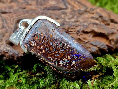 LeoLars-PABE Anhänger mit Boulder Opal aus 925er Silber, schlicht, tolles Muster mit partiellem Opalfeuer in blau-grün, Unikat, Unisex, Handarbeit