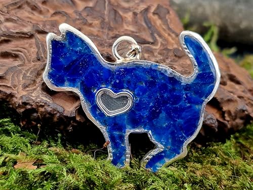 LeoLars-PABE Hauyn Design Katzen Anhänger aus 925er Silber, Steine in Kunststoff eingegossen, tolles blau, unter UV-Licht orange leuchtend, Katze, Katzenliebhaber, Unikat, Handarbeit, Unisex