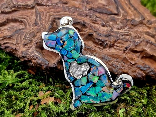 LeoLars-PABE Multicolor Lightning Ridge Opalsplitter Hunde Design Anhänger aus 925er Silber, Opale in Kunststoff eingegossen, Hunde Welpe, Herz, Hundeliebhaber, Unikat, Handarbeit, Unisex