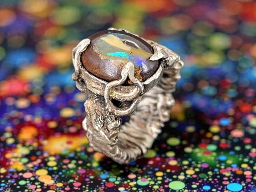 LeoLars-PABE Spannender Boulder Opal Design Ring, Gr. 57-58, (18,4) aus 925er Silber teilgeschwärzt, tolles Ring Design, grünes Opalfeuer aus Adern, Unikat, Handarbeit