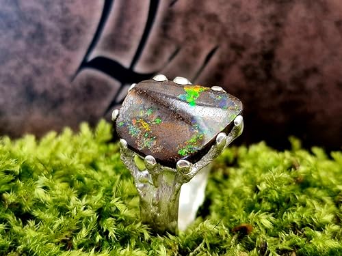 LeoLars-PABE Multicolor Boulder Opal Design Ring, Gr. 63 (20), aus 925er Silber, Organisch fließend mit angepasster aufgeriebener Krappenfassung, Opal 16,5x13mm, Unikat, Handarbeit