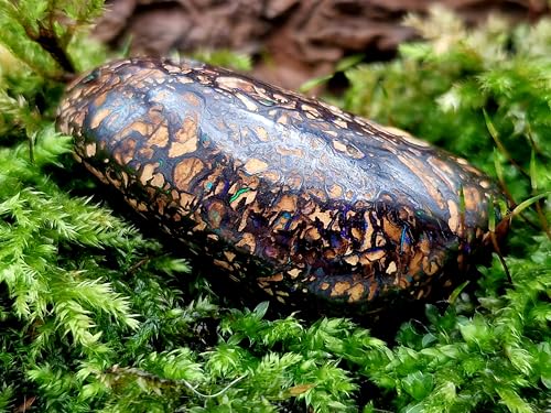 Boulder Opal Anhänger gebohrt mit 60cm Lederband, Opal - mit tollem Musster und Opalfeuer aus kleinen Opaladern in grün, blau und lila, 37,6 x 17 x 11,1mm, Unikat, Handgeschliffen