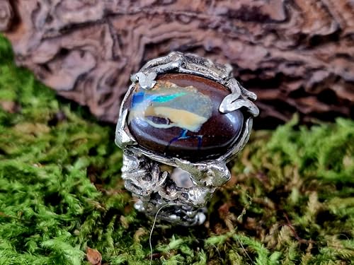 LeoLars-PABE Spannender Boulder Opal Design Ring, Gr. 57-58, (18,4) aus 925er Silber teilgeschwärzt, tolles Ring Design, grünes Opalfeuer aus Adern, Unikat, Handarbeit