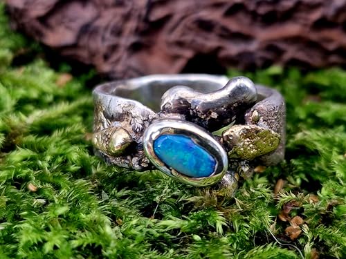 LeoLars-PABE Lightning Ridge Opal Design Ring, Gr.58 (18,5), aus 925er Silber mit 585er Gold Elementen, Roh, Stylisch, Anders, Individuell, Unikat, Handarbeit