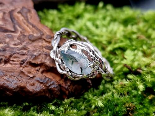 LeoLars-PABE Verspielter Moosachat Design Ring aus 925er Silber, Gr. 57 (18,3),Moosachat mit schönem Innenleben als Navette facettiert, Nr.0103, Unikat, Handarbeit