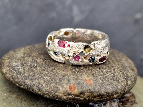 LeoLars-PABE Sandguss Chaos Design Ring, Gr.55 (17,5), aus 925er Silber mit echten eingegossenen Edelsteinen, Sandguss typische Oberflächen Struktur, Nr. 157, Unikat, Handarbeit