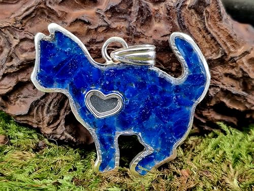 LeoLars-PABE Hauyn Design Katzen Anhänger aus 925er Silber, Steine in Kunststoff eingegossen, tolles blau, unter UV-Licht orange leuchtend, Katze, Katzenliebhaber, Unikat, Handarbeit, Unisex