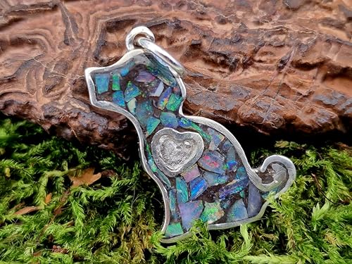 Lightning Ridge Opalsplitter Hunde Anhänger aus 925er Silber, Multicolor Opalfeuer, Opale in Kunststoff eingegossen, Hund, Welpe, Herz, Hunde und Opalliebhaber, Unikat, Unisex, Handarbeit