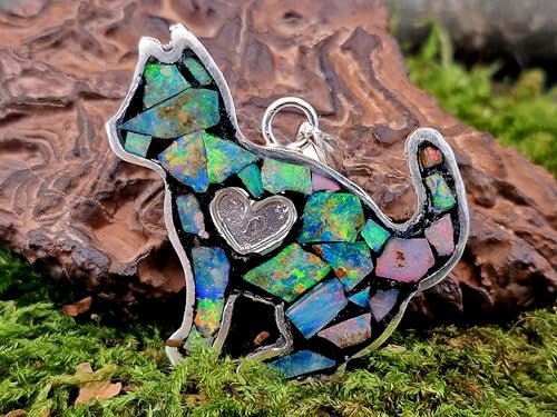 LeoLars-PABE Multicolor Opalsplitter (Lightning Ridge), Katzen Design Anhänger aus 925er Silber, Opale in Kunststoff eingegossen, Katze, Katzen und Opalliebhaber, bunt, Handarbeit, Unikat, Unisex