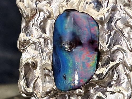 LeoLars-PABE Toller Boulder Opal Design Anhänger mit organisch gestaltetem Rahmen aus 925er Silber, Opal - Picture Stone mit mehrfarbigem Opalfeuer, 16x9mm, Unikat, Handarbeit