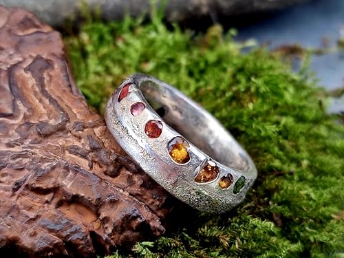LeoLars-PABE Chaos Sandguss design Ring mit echten eingegossenen Edelsteinen, Gr.60 (19,2), aus 925er Silber, mit Sandguss Oberfläche, Unikat, Handarbeit, Unisex, Nr. 158