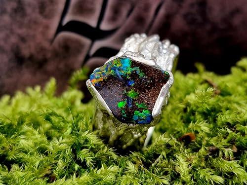 LeoLars-PABE Boulder Opal Design Ring aus 925er Silber, Gr. 57 (18,2), Opal Multicolor Opalfeuer, 12,9 x 10,5mm, Organisch fließendes gewachsenes Design, Unikat, Handarbeit