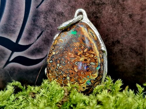 LeoLars-PABE Design Anhänger mit Boulder Opal aus 925er Silber mit herrlichem Muster und grünem Opalfeuer, Opal 25mm x 20mm, Unikat, Handarbeit