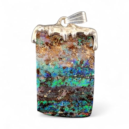 LeoLars-PABE Boulder Opal Tropfen Design Anhänger aus 925er Silber, Multicolor Opalfeuer mit viel grün und blau, Unikat, Handarbeit, Unisex