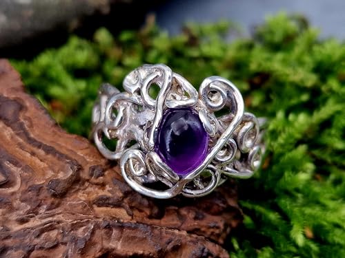 LeoLars-PABE Verschnörkelter verspielter Amethyst Design Ring aus 925er Silber, Gr. 63 (20,2), herrliches dunkles Lila, magisch, Unikat, Handarbeit