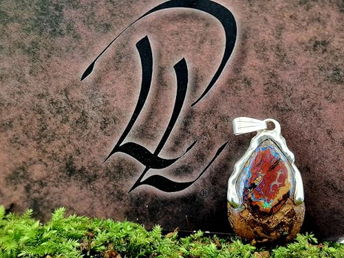 LeoLars-PABE Tropfen Design Boulder Opal Anhänger aus 925er Silber, Opalnuss mit grünen und blauen Opaladern mit Opalfeuer, Unikat, Handarbeit, Unisex