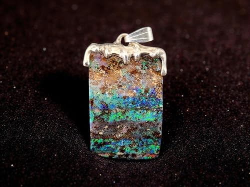 LeoLars-PABE Boulder Opal Tropfen Design Anhänger aus 925er Silber, Multicolor Opalfeuer mit viel grün und blau, Unikat, Handarbeit, Unisex