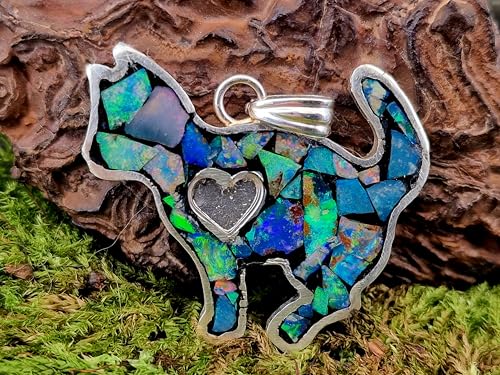 LeoLars-PABE Lightning Ridge Opalsplitter Katzen Anhänger aus 925er Silber, tolles Multicolor Opalfeuer, Opale in Kunststoff eingegossen, Katze, Katzen-Opalliebhaber, Herz, Unikat, Handarbeit, Unisex
