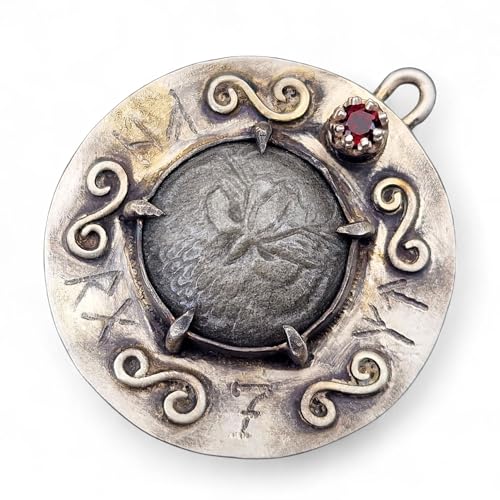 LeoLars-PABE Magisch mystischer Design Anhänger aus 925er Silber, mit einer handgecarvten Eule auf Silberobsidian, Granat, viele Symbole und Runen, Unikat, Handarbeit, Unisex