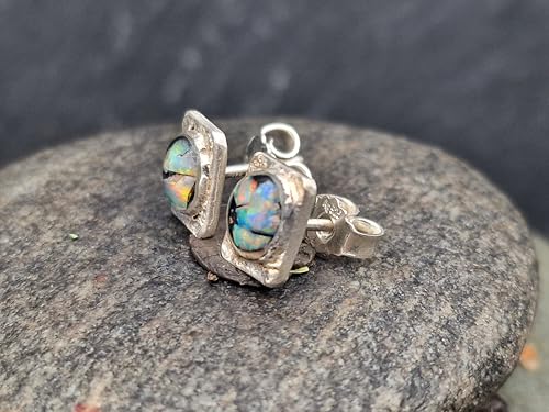 Lightning Ridge Opal Ohrstecker aus 925er Silber, Multicolor Opalsplitter Mosaik, mit Flügelmutter, Unikat, Handarbeit, Unisex