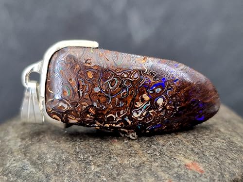 LeoLars-PABE Anhänger mit Boulder Opal aus 925er Silber, schlicht, tolles Muster mit partiellem Opalfeuer in blau-grün, Unikat, Unisex, Handarbeit