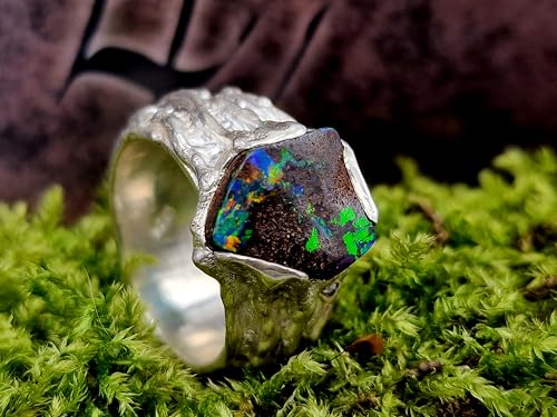 LeoLars-PABE Boulder Opal Design Ring aus 925er Silber, Gr. 57 (18,2), Opal Multicolor Opalfeuer, 12,9 x 10,5mm, Organisch fließendes gewachsenes Design, Unikat, Handarbeit