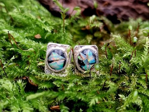 Lightning Ridge Opal Ohrstecker aus 925er Silber, Multicolor Opalsplitter Mosaik, mit Flügelmutter, Unikat, Handarbeit, Unisex