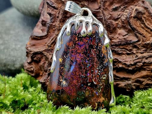 Boulder Opal Tropfendesign Anhänger aus 925er Silber, flüssiges Silber, Opal mit herrlichen Muster, Picture Stone, Opalfeuer in grün, blau und lila, Unikat, Handarbeit, Unisex