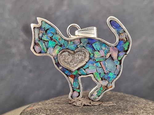 Lightning Ridge Opalsplitter Katzen Anhänger aus 925er Silber, Opale in Kunststoff eingegossen, feines Multicolor, Opalfeuer, Katze, Katzen-und Opalliebhaber, bunt, Unikat, Unisex, Handarbeit