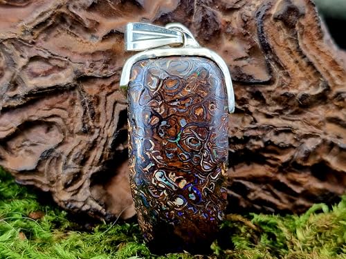 LeoLars-PABE Anhänger mit Boulder Opal aus 925er Silber, schlicht, tolles Muster mit partiellem Opalfeuer in blau-grün, Unikat, Unisex, Handarbeit
