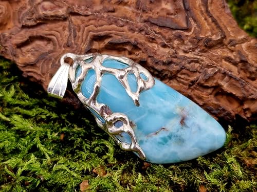 LeoLars-PABE Larimar Design Anhänger aus 925er Silber, organische Gitter Struktur, herrliches Karibik blau, Unikat, Design, Unisex, Handarbeit