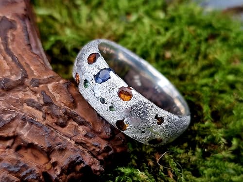 LeoLars-PABE Sandguss Chaos Design Ring, Gr. 61 (19,5), aus 925er Silber, Sandguss typische Oberfläche, eingegossene orange, blaue und grüne Saphire, Nr. 159, Unikat, Handarbeit