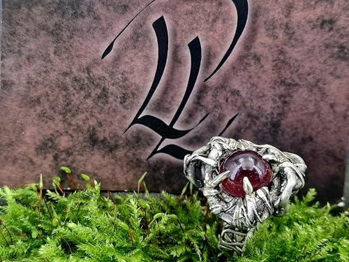 LeoLars-PABE Magischer Granat Design Ring, Gr. 62 (19,7), aus teilgeschwärztem 925er Silber, organisch, verschnörkelt, wild, Krallenfassung, Unikat, Handarbeit, Unisex