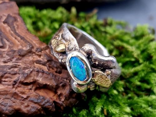LeoLars-PABE Lightning Ridge Opal Design Ring, Gr.58 (18,5), aus 925er Silber mit 585er Gold Elementen, Roh, Stylisch, Anders, Individuell, Unikat, Handarbeit